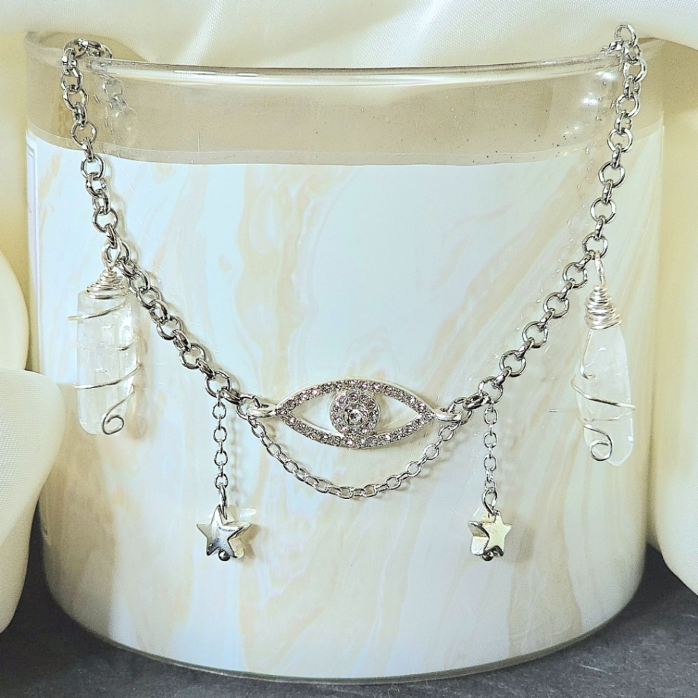 silver evil eye charm choker with wire-wrapped quartz + stars // handmade y2k